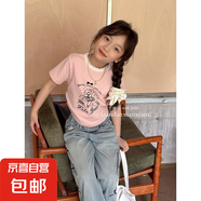 2025夏季新款女童蕾絲袖T恤女團風(fēng)黑白灰色半袖上衣a4 粉色-蕾絲領(lǐng)T 160 cm