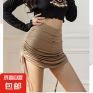 歐美辣妹風性感綁帶抽繩褶皺裙女顯瘦半身A字裙緊身跳舞健身短裙 卡其色 XL