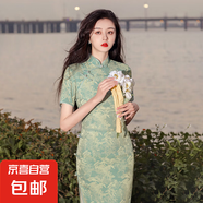 短袖旗袍改良年輕少女款氣質(zhì)典雅春夏送考復(fù)古國風(fēng)長款連衣裙J807 綠色 L （105-115斤）