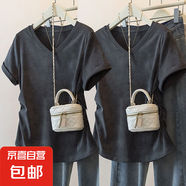 夏季新款扎染獨(dú)特設(shè)計(jì)短袖t恤女大碼寬松胖mm顯瘦遮肚V領(lǐng)百搭上衣 K24-深灰色+深灰色 3XL 建議體重150-170斤
