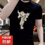 美式高街復(fù)古幸運(yùn)數(shù)字7花卉字母印花重磅時(shí)尚寬松百搭情侶短袖T恤 001-7花-黑色 2XL