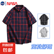 NASALIKE格子襯衫男士潮牌復(fù)古帥氣寬松短袖襯衣美式休閑半袖 紅色 -NASA-S111短襯 3XL