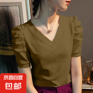短袖t恤女2025新款夏純棉純色泡泡袖上衣V領(lǐng)修身顯瘦正肩爆款體恤 K7-姜黃色 2XL 建議125-135斤