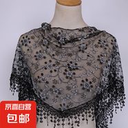 韓版女蕾絲碎花三角巾鏤空透氣包頭紗田園復古風(fēng)三角披肩防曬頭巾 黑色