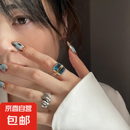 戒指女方形復(fù)古做舊簡約ins風(fēng)開口指環(huán) 藍(lán)寶石鑰匙