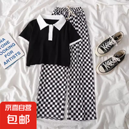 【女童夏裝套裝】短袖t恤褲子初中生兒童夏季2025新款大童學(xué)院 黑衣+棋盤色 160