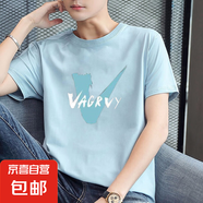 啄木鳥新品純棉100%純棉夏季短袖T恤男透氣百搭圓領(lǐng)半袖T休閑打底 1024藍(lán)色 XL