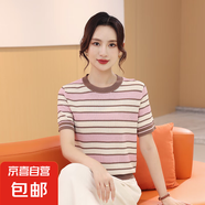 【eifini制造商】氣質(zhì)條紋短袖T恤女百搭OL高知老錢風LB1N2083 駝咖 L 105-120斤