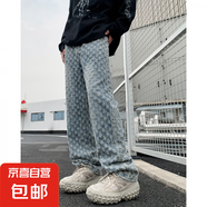 歐美高街hiphop褲子潮牌痞帥炸街提花滿印牛仔褲男美式vibe直筒褲 藍色 B119-XZ 2XL
