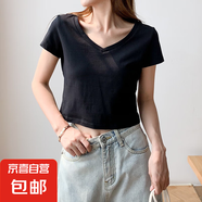 純棉短款短袖t恤女夏季2025新款內(nèi)搭常規(guī)外穿ins正肩V領(lǐng)上衣女037 037純黑色 L 建議100-115斤