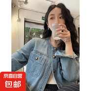 減齡氣質(zhì)短款牛仔外套女秋冬大碼設(shè)計(jì)感圓領(lǐng)洋氣夾克顯瘦上衣 藍(lán)色短款牛仔外套單件 L