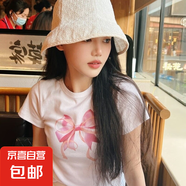 2024早春新品圓領(lǐng)蝴蝶結(jié)印花短袖T恤韓國同款休閑寬松百搭T恤 白色粉蝴蝶 L