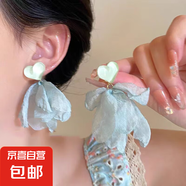 銀針超仙氛圍感網(wǎng)紗彩花珍珠耳環(huán)森系百搭耳墜少女心甜美清新耳飾 16#銀針-藍(lán)色-綠色