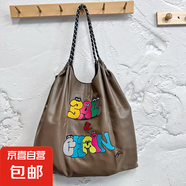蛋白皮刺繡環(huán)保袋時尚百搭運動防水單肩斜挎托特包【無肩帶】 棕色字母【皮質】 大號