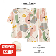 帶胸墊睡衣女款新款春款短袖七分褲夏天可外穿家居服套裝甜美 一體帶胸墊 3806套裝 短袖七分褲 L （建議100-120斤）