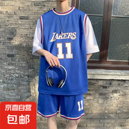 24號(hào)籃球服男士短袖套裝夏季冰絲網(wǎng)眼運(yùn)動(dòng)五分短褲兩件套學(xué)生班服 11號(hào)藍(lán)色1004 3XL