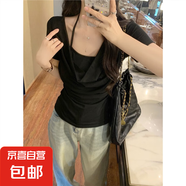 莫代爾白色短袖T恤女夏季掛脖一字肩體恤假兩件甜辣顯瘦小上衣 黑色 S