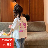 兒童短袖純棉T2025新款男女童卡通印花哪吒卡皮巴拉寶寶短袖 白色-H凱蒂貓雙面印 140