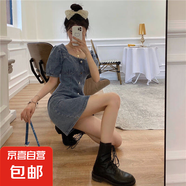 其他品牌減齡氣質(zhì)法式牛仔連衣裙女2024夏季大碼胖mm泡泡袖收腹顯瘦背帶裙 藍色短款牛仔連衣短裙單件 2XL碼（建議135-155斤）