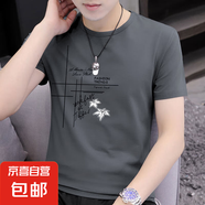2025春秋季上衣服短袖t恤男潮流套頭男裝休閑百搭打底衫體恤 深灰 L 【建議100-120斤】