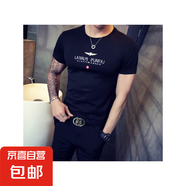 力奇短袖T恤男硬漢修身刺繡打底衫 社會精神小伙夜店緊身半袖痞帥 刺繡翅膀短袖黑色單件 XL
