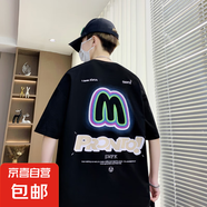 青少年短袖t恤男孩12-16歲初高中學(xué)生純棉寬松半袖潮流夏裝上衣 GF10921-T304黑色 L 【90-110斤】