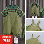 【背帶褲套裝】童裝男童純色背帶短褲2025夏裝兒童寬松褲套裝 苔綠色 100