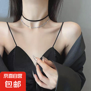 黑色皮繩choker項圈鎖骨鏈女頸帶小眾氣質(zhì)感脖子配飾脖鏈項鏈 雙層閃鉆項鏈