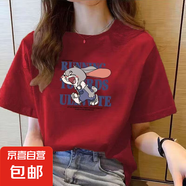 220克純棉短袖t恤女2025夏季寬松百搭圓領(lǐng)正肩印花上衣T恤B701YL 496酒紅色 M