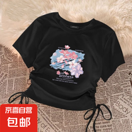 新中式女童純色短款上衣夏季兒童洋氣薄半袖中大童抽繩設計款短袖 黑色 花瓣飄落 160