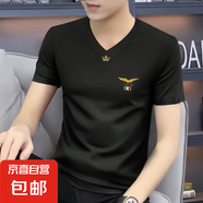 短袖t恤男2025夏季潮流V領(lǐng)時尚百搭涼爽半袖修身型體恤衫男裝衣服 潮社坊093黑色 XL