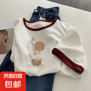 短袖t恤女夏季新款時(shí)尚美式復(fù)古印花撞色圓領(lǐng)上衣爆款通勤體恤衫 67款紅領(lǐng)【高品質(zhì)】 L  建議105-120斤