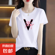 短袖t恤女夏季純棉韓系ins潮新款大碼百搭體恤打底衫小眾上衣603 白色V碎花 2XL 【建議125-135斤】
