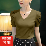 泡泡袖棉質(zhì)短袖T恤女士?jì)却钕募拘驴顨赓|(zhì)打底衫時(shí)尚休閑百搭上衣 K7-姜黃色 4XL 建議145-155斤