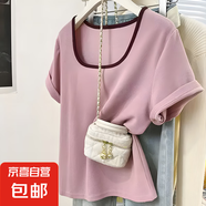 法式方領(lǐng)拼接正肩短袖t恤女夏季新款小眾設(shè)計撞色感顯瘦百搭體恤 R283-粉色 XL 建議115-130斤