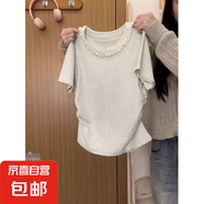 正肩短袖t恤女夏裝2025新款蕾絲花邊設(shè)計感洋氣絕美甜辣小上衣服 T108白灰色 L