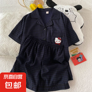 柏姬然2025新款凱蒂貓hellokitty短袖云朵棉春秋款睡衣女夏季學(xué)生 J107深藍(lán)格貓 XL