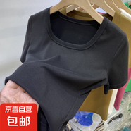 棉質設計感方領短袖T恤女2025夏季新款百搭洋氣修身體恤衫上衣潮 864黑色 L 【建議100-110斤】