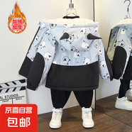 男童冬裝加絨加厚收腰風衣女秋冬款兔子印花連帽棉衣外套 印花羊加絨外套黑色 120