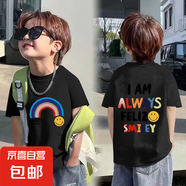 兒童短袖純棉T2025新款男女童卡通印花哪吒卡皮巴拉寶寶短袖 黑色-彩虹雙面印 140