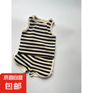 【韓版ins條紋寶寶套裝】圓領(lǐng)背心 短褲華夫格條紋套裝男女寶寶 黑條 90 cm