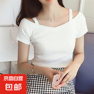 T恤女2024夏季韓版黑色l露肩吊帶短袖T恤女一字領露肩性感上衣潮 白色 L