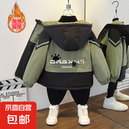 女童秋冬新款卡通小熊印花加絨加厚連帽外套男童寬松棉服 腳掌加絨外套軍綠色 140
