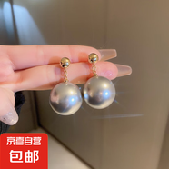 銀針大珍珠圓圈耳環(huán)時尚小眾夸張氣質(zhì)高級感耳釘法式復古百搭耳飾 96#銀針-灰色珍珠（真金電鍍）