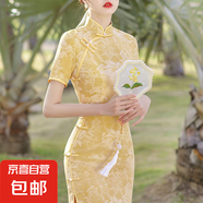 短袖旗袍改良年輕少女款氣質(zhì)典雅春夏送考復(fù)古國風(fēng)長款連衣裙J807 黃色 L （105-115斤）