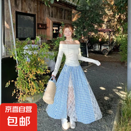 氣質(zhì)復古蕾絲拼接紅格子半身裙2025春夏新款設計顯瘦高腰中長(cháng)裙子 藍色(有內襯+蕾絲) 2XL 2XL【建議130-140斤】