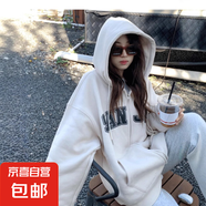 拉鏈開衫美式復(fù)古寬松慵懶風(fēng)灰色加厚連帽衛(wèi)衣女oversize加絨外套 白灰色常規(guī) L 建議105-120斤