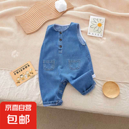 嬰兒牛仔背帶褲寶寶外出服按扣背帶褲無(wú)袖韓版兒童春秋牛仔連體衣 寶藍(lán)色 寬肩無(wú)袖牛仔背帶褲 90 （22-28斤)