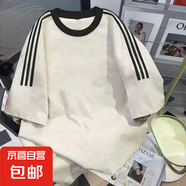 美式純棉三條杠短袖t恤男夏季潮牌圓領(lǐng)寬松百搭半袖情侶上衣服 白灰色T18 L