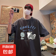 夏季港風(fēng)短袖T恤男百搭ins學(xué)生印花寬松潮流五分袖情侶上衣潮chic 短袖-吹風(fēng)貓-深灰色 2XL